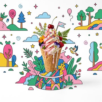 Vibrant Whimsical Ice Cream Cone Surrounded by Colorful Fantastical Landscape and Festive Embellishments