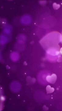 Deep purple background filled with soft blurred hearts and twinkling lights, gentle bokeh glow creates dreamy romantic atmosphere of warmth