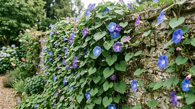 Purple and blue morning glory flowers climbing on a rustic stone wall in a lush summer garden landscape background