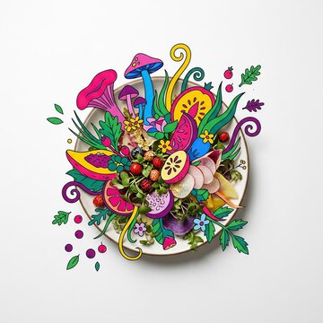 Vibrant Whimsical Mushroom and Floral Bouquet Arranged in a White Bowl Creating a Lush Colorful Botanical Collage