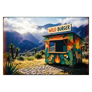 Vibrant Wild Burger Stand Spotted Amid Expansive Desert Mountain Landscape Under Bright Sky