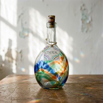 Vintage-inspired glass bottle shaped like a miniature planet with swirling blue green orange oceans on a wooden table