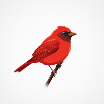 Vivid Bright Red Northern Cardinal Perched Gracefully on a Thin Branch Against a Pure White Background