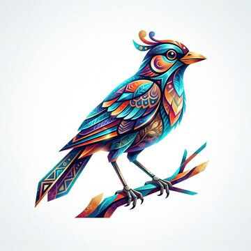 Vivid Geometric Patterned Parrot Illustration Perched on a Branch Against White Background