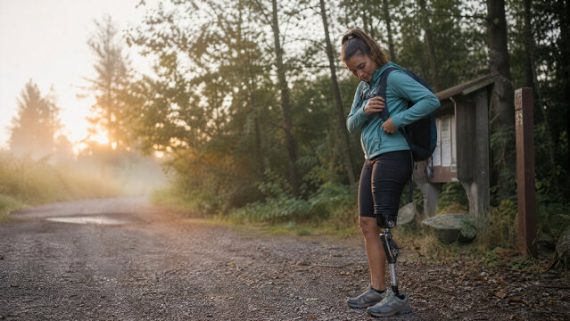 Woman with prosthetic leg adjusting backpack on a gravel trail during a misty morning hike with her backpack
