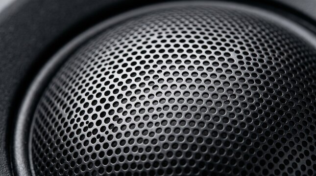 Macro photograph showing detailed texture of black metal speaker grille with circular perforated holes