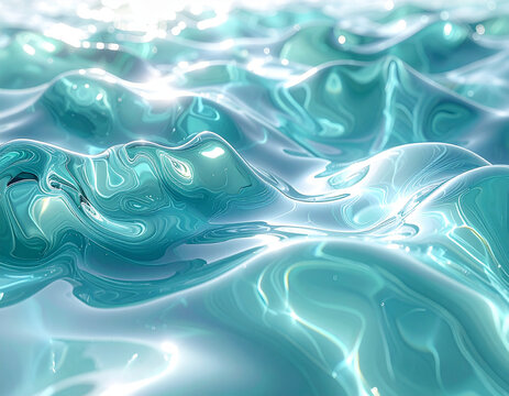 光が反射する透き通った青緑色の液体と波の3D抽象背景/3D abstract background of crystal clear turquoise liquid and waves with light reflections