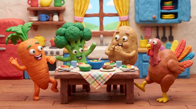 whimsical animation, colorful claymation vegetables and a turkey joyfully dance around a table