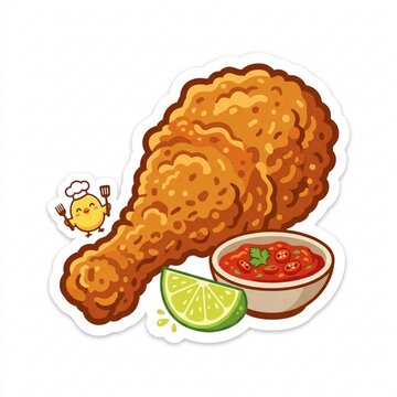 Crispy deep-fried chicken wings vector sticker illustration with chili sambal, mayo dipping sauce, and lemon slice, isolated on white background. Modern flat vector design for sticker pack