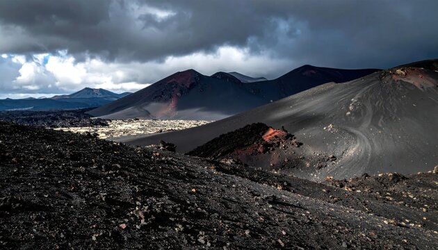 Active Volcano With Glowing Lava Flow Under Dramatic Stormy Sky