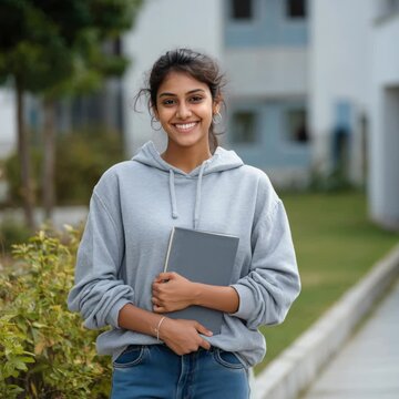 Portrait of a cheerful young indian female college student holding a book and laughing outdoors