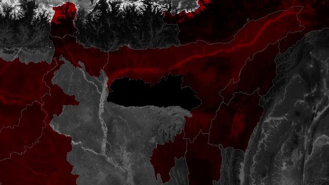 Meghalaya geographic map animation presenting state outline, boundaries, location, terrain, and northeastern India regional details