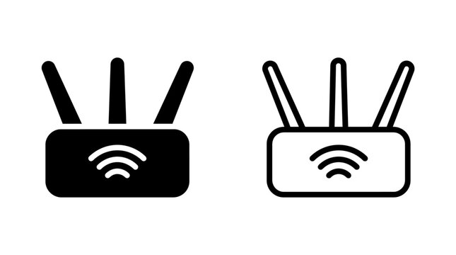 Set of wifi router icons with signal strength waves in two styles
