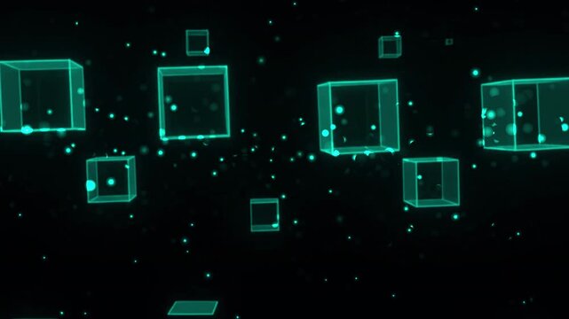Digital abstract art of glowing wireframe cubes and neon particles on a dark background. Ideal for technical graphics and digital designs.