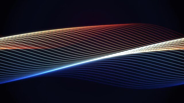 Abstract glowing neon wave lines moving in a seamless loop on dark background with blue orange light