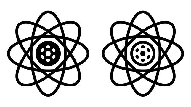 Atomic structure icon with core detail in solid and outline