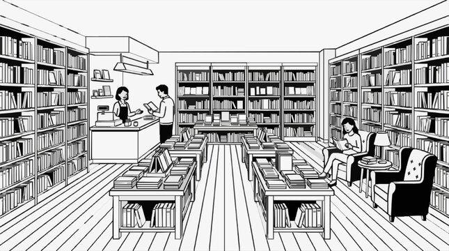 Cozy library interior with readers and bookshelf lined aisles