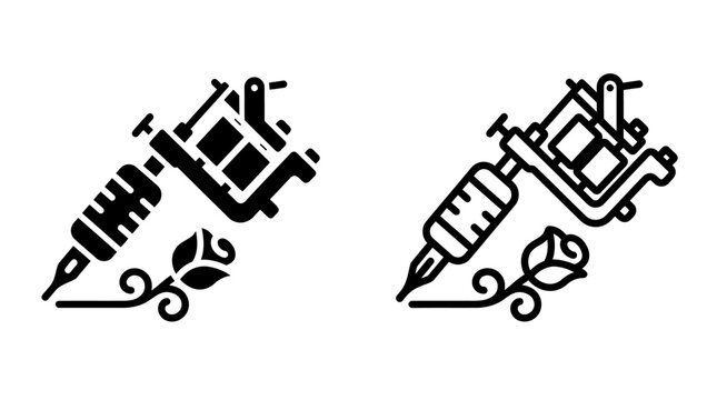 Tattoo machine icon with floral rose element, black and white