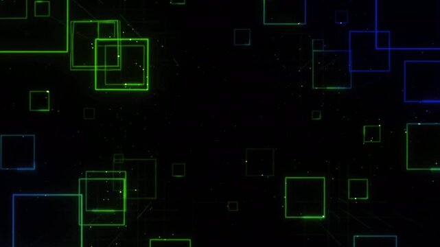 Glowing green blue square shapes abstract geometric pattern on dark background. Suitable for technology, digital design, and futuristic concepts.
