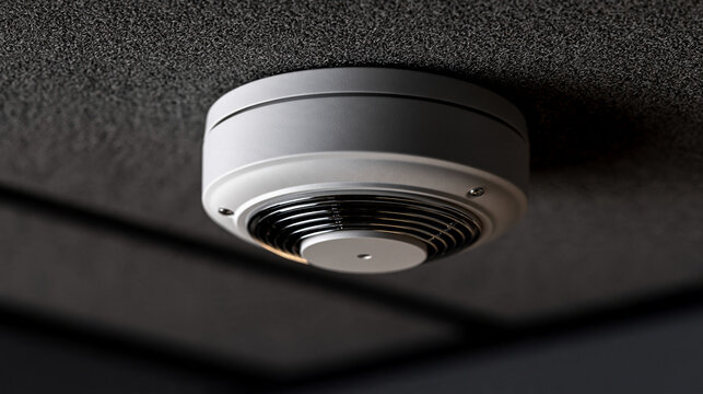 Elegant photo of A white smoke detector mounted on a dark textured ceiling. Ideal for home safety and commercial fire prevention concepts.