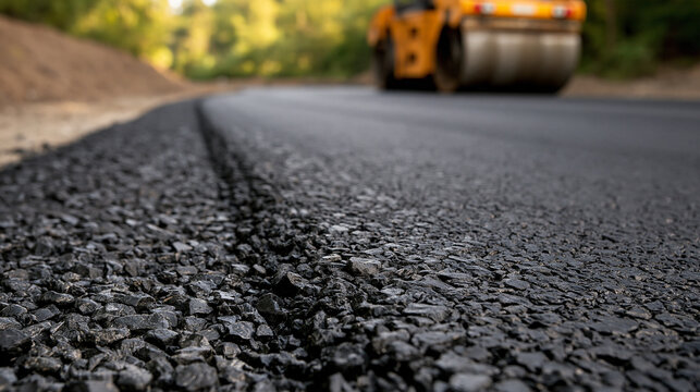 Elegant photo of Fresh asphalt paving texture covers a new road with a roller compactor in the background. Ideal for infrastructure and construction projects.