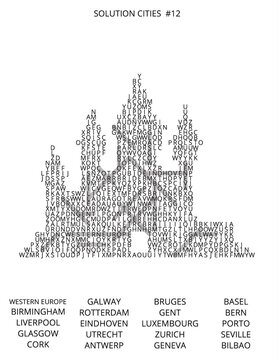 Alphabetical Word Cloud with Major European Cities in Black and White