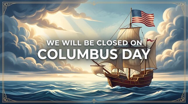 Columbus day closure announcement with sailing ship and american flag