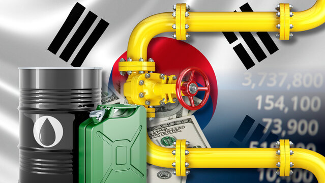 The South Korean gas and fuel industry and energy production costs; the impact of the petrodollar and fluctuations in South Korean oil and gasoline prices. Visual elements include the South Korean 