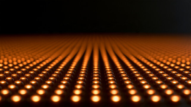 Elegant photo of Rows of small, warm orange lights create an infinite abstract pattern on a dark background. Represents concepts of technology, data, or digital connectivity.