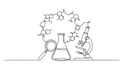 Obraz premium Continuous Line Drawing of Laboratory Flask Microscope and Magnifying Glass with Chemical Formula.