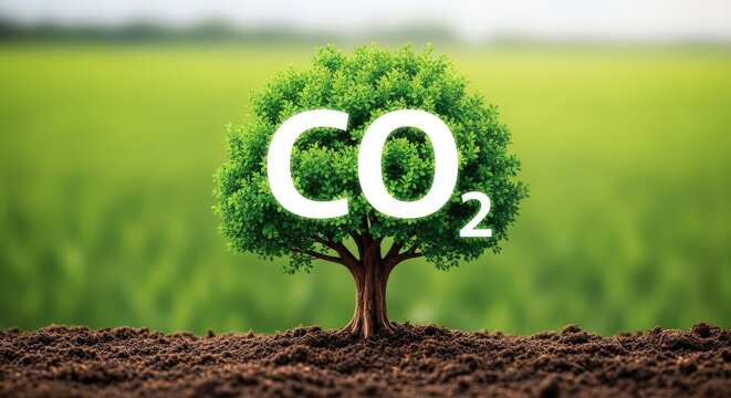 Green tree with white co2 text symbol overlaid on blurred field background