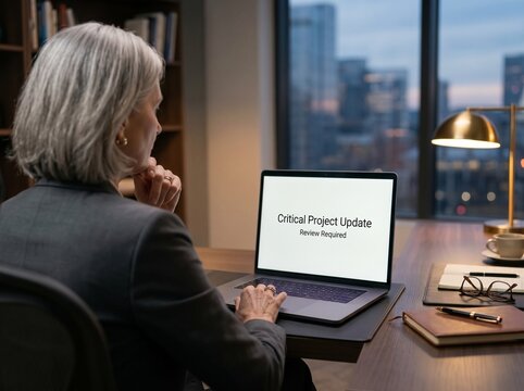 Business woman working late on project update at modern office
