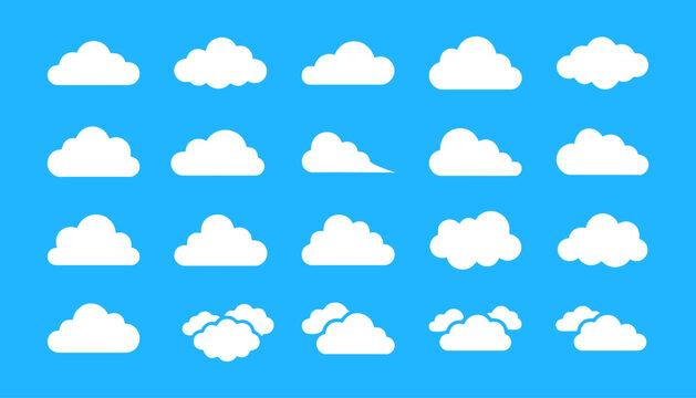 Set of various white cartoon clouds isolated on a blue sky background with cumulus clouds cloud collection nature background weather icon