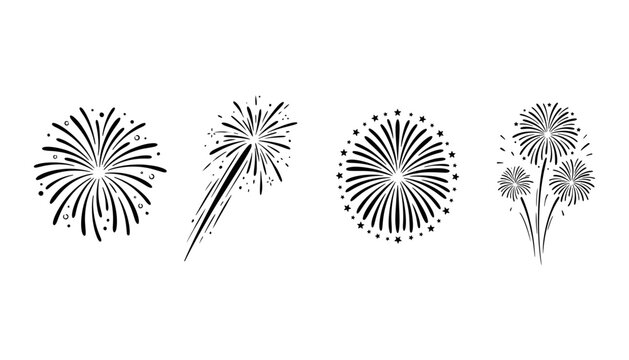 Black and white hand drawn firework explosion illustrations set with fireworks explosion firework celebration illustration pyrotechnics new year
