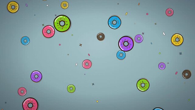 Colorful donuts falling on a light blue background, sweet dessert animation.