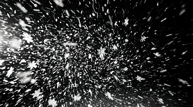 Swirling white snowflakes on black background