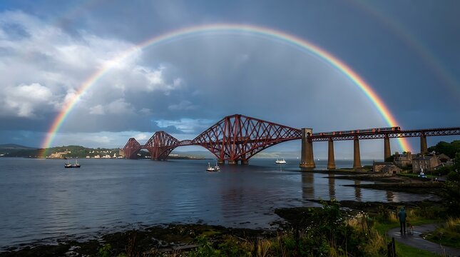 Spectacular Rainbow Arching Over Forth Bridge Scotland.