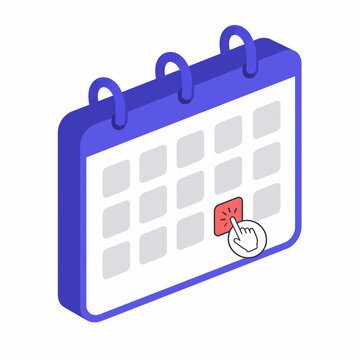 Isometric calendar icon with hand clicking a specific date