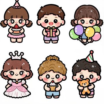 Exactly six adorable chibi children attending a birthday party, arranged separately in a balanced 2x3 composition watercolor and gouache illustration,