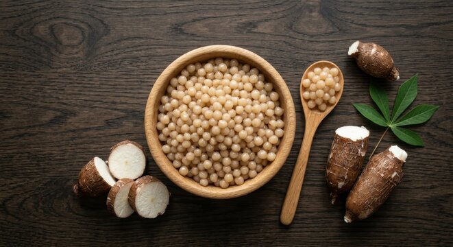 Raw tapioca pearls or sago in a wooden bowl served with fresh cassava roots, sliced manioc tubers, a wooden spoon, and a green leaf on a dark rustic wooden table, healthy starch ingredient concept.