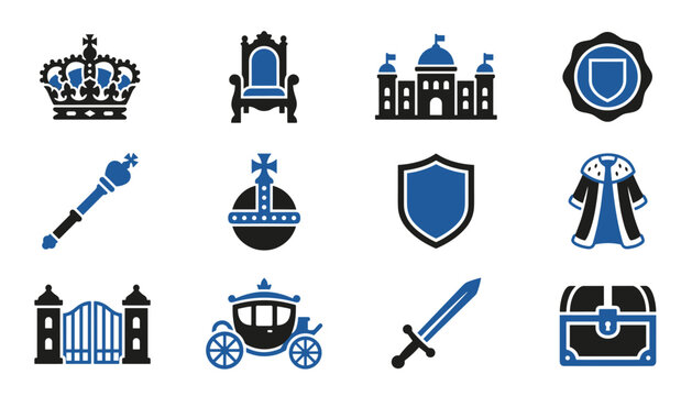 monarchy royal regalia and kingdom symbols icon set.