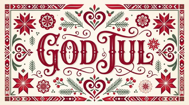Premium Swedish Christmas greeting card featuring elegant handcrafted &ldquo;God Jul&rdquo; lettering with traditional Nordic folk ornaments and sophisticated Scandinavian festive decoration.