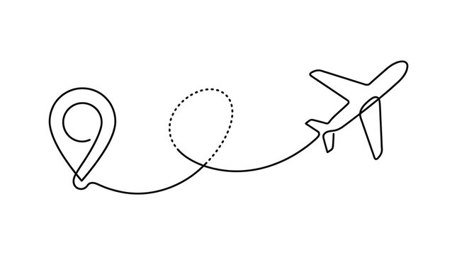 Airplane flying towards a location pin represented by a dashed travel path with airplane location navigation destination traveling aviation transport vacation
