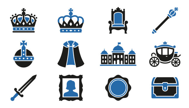 monarchy royal regalia and crown jewels icon set.