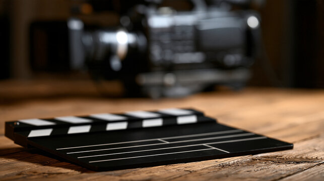 Elegant photo of A black film clapperboard lies on a rustic wooden table with a blurred video camera. Ideal for film production, movie industry, and creative content themes.