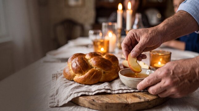 jewish holiday customs, close-up of hands dipping challah into honey next to glowing candles