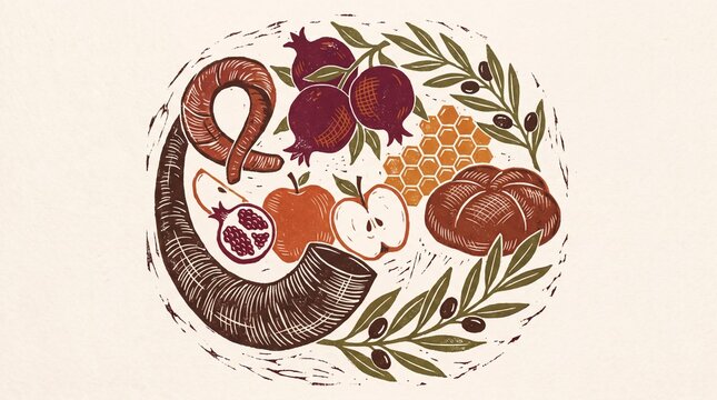 cultural art prints, a circular composition featuring a shofar, pomegranates, and honeycomb