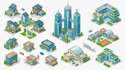 Fototapeta premium Isometric Cityscape with Diverse Architectural Buildings and Skyscrapers