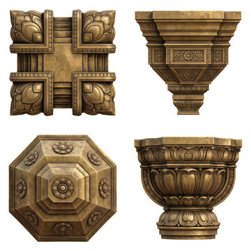 Collection of four carved architectural ornaments with floral capitals, octagonal medallion, and decorative relief