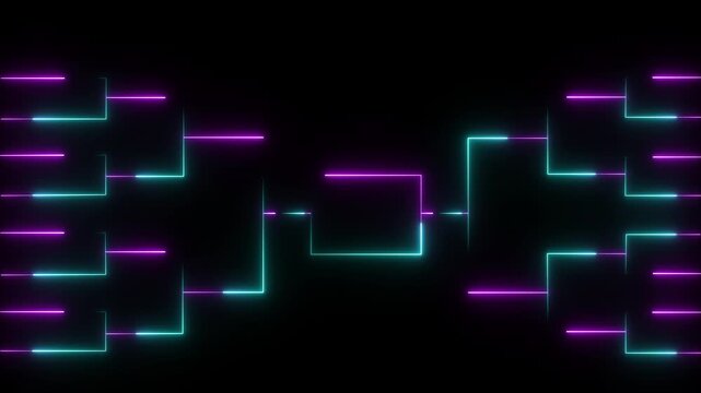 Animated Cyan and blue neon bracket graphic on black background for sports tournament or competition visualization. 4K black background visuals